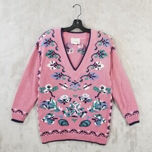 Vtg Sweater Women Small Pink Floral V Neck Oversized Cotton Blend Cottage Cabin